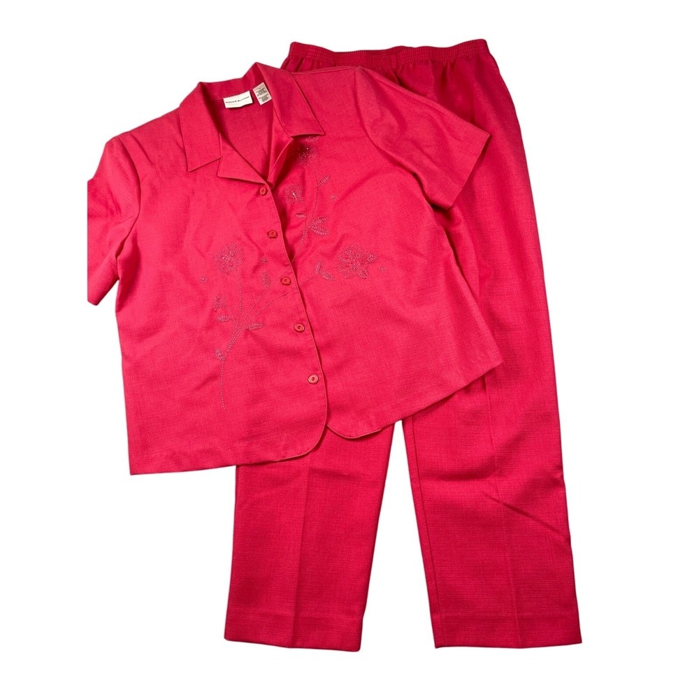 Alfred Dunner Pants Set 14 LP‎ Pink Short Sleeve Floral Embroidered Jacket Top